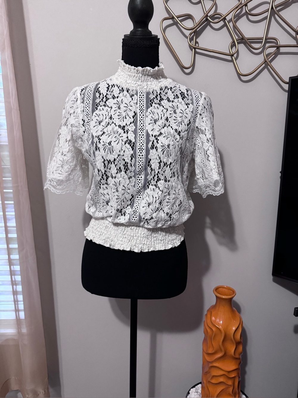 White Lace Smocked-Neck Short Sleeve Blouse